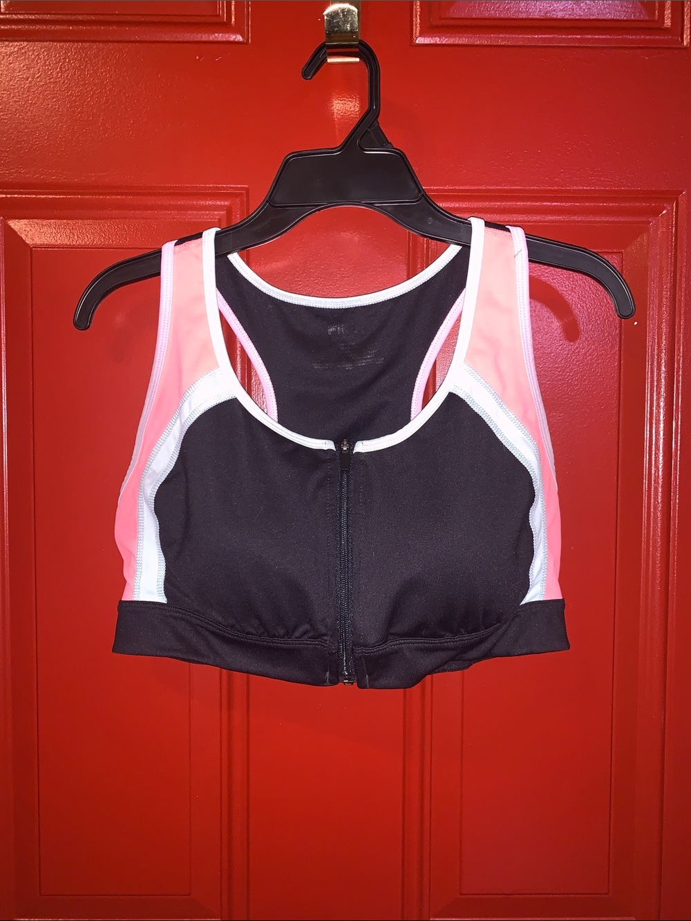 Black and Pink Zip-Front Sports Bra